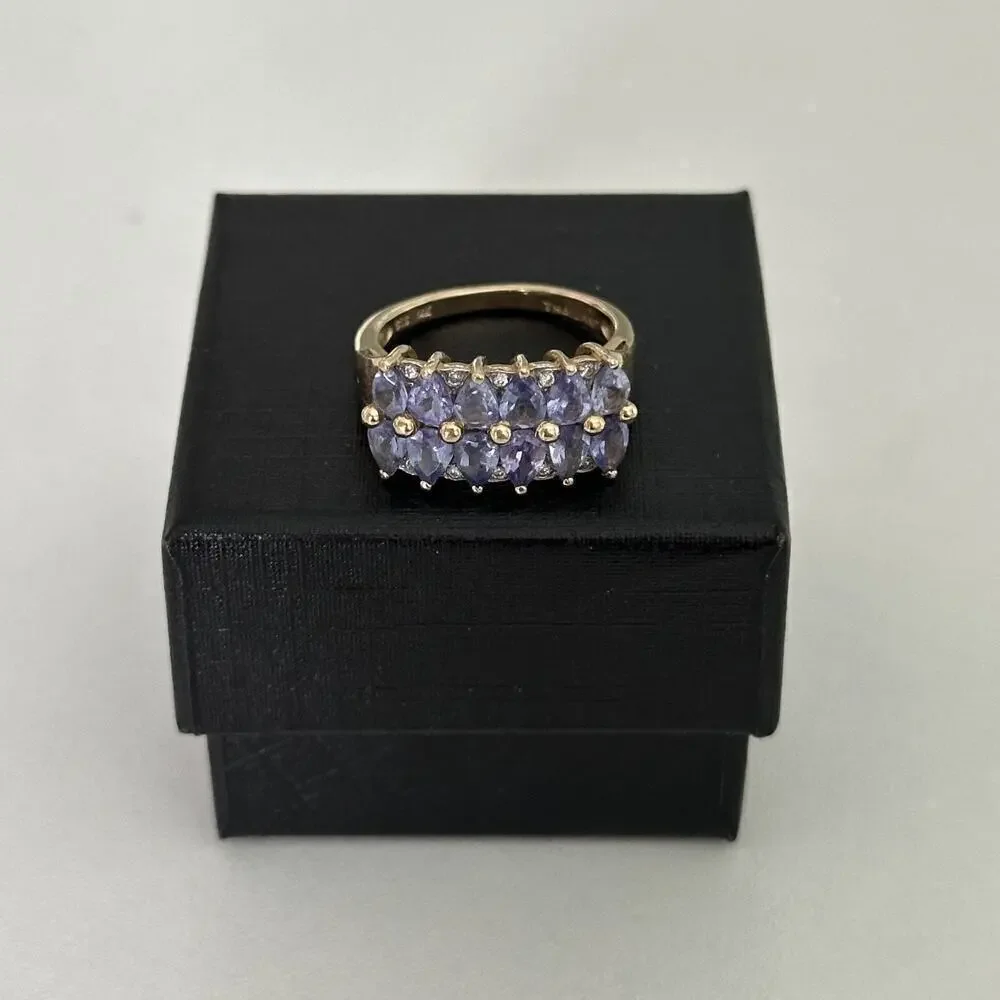 14K Yellow Gold Tanzanite Double Row & Diamond Ladies Band Ring Size 5.5